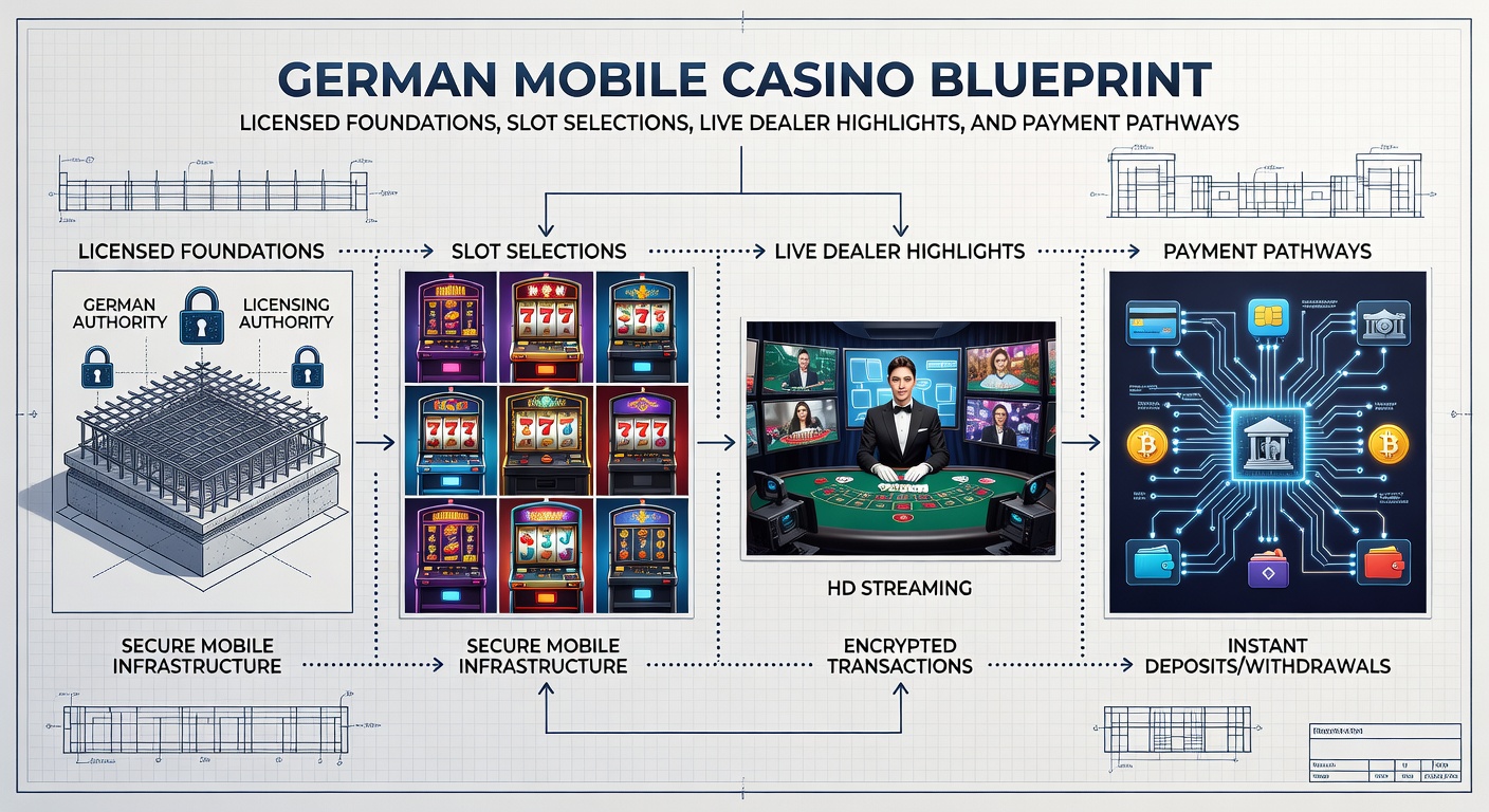Smartphone mit mobilem Casino-App auf deutschem Regulierungs-Hintergrund, Slots und Live-Tische sichtbar