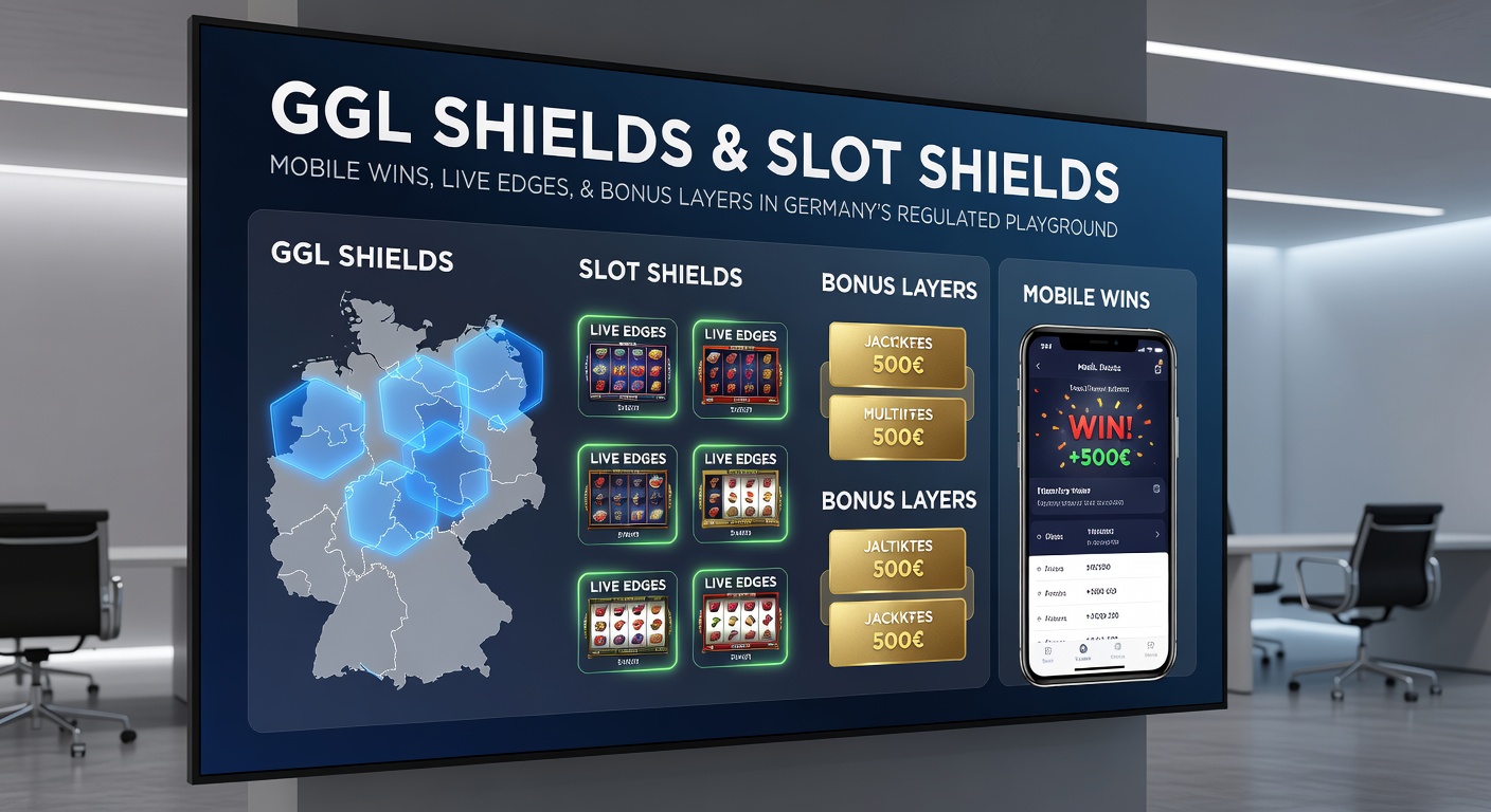Visuelle Grafik mit Slot-Maschinen, Live-Dealer-Tischen und mobilen Bildschirmen hinter einem Schild-Logo, das GGL-Schutz und Bonus-Features hervorhebt