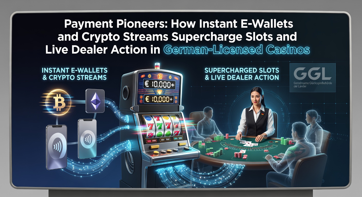 Dynamische Grafik zeigt blitzschnelle E-Wallet-Überweisungen und Crypto-Ströme, die Slots und Live-Dealer-Tische in einem modernen Casino beleben