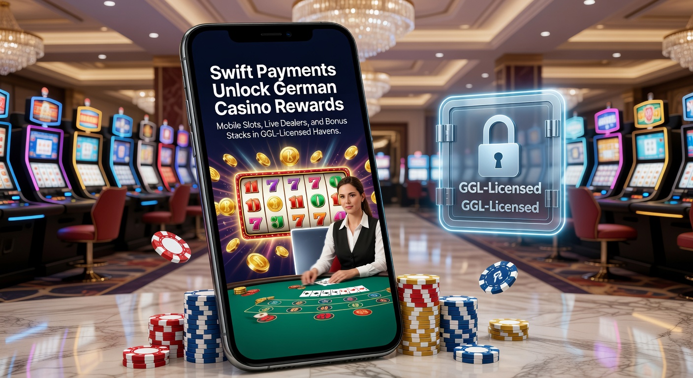 Bild von einem Smartphone mit Casino-App, das schnelle Zahlungen und Slots zeigt, umgeben von GGL-Lizenzsymbole