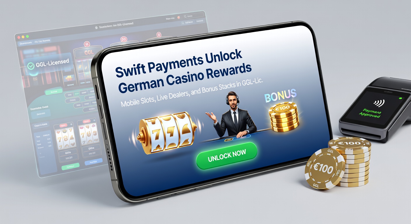 Live-Dealer-Tisch mit Roulette und Karten auf einem Tablet, neben Swift-Payment-Icons und Bonus-Symbolen